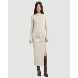 Modern Citizen 2-Piece Kiki Ruched Side Slit Shirt and Skirt Oatmeal XS